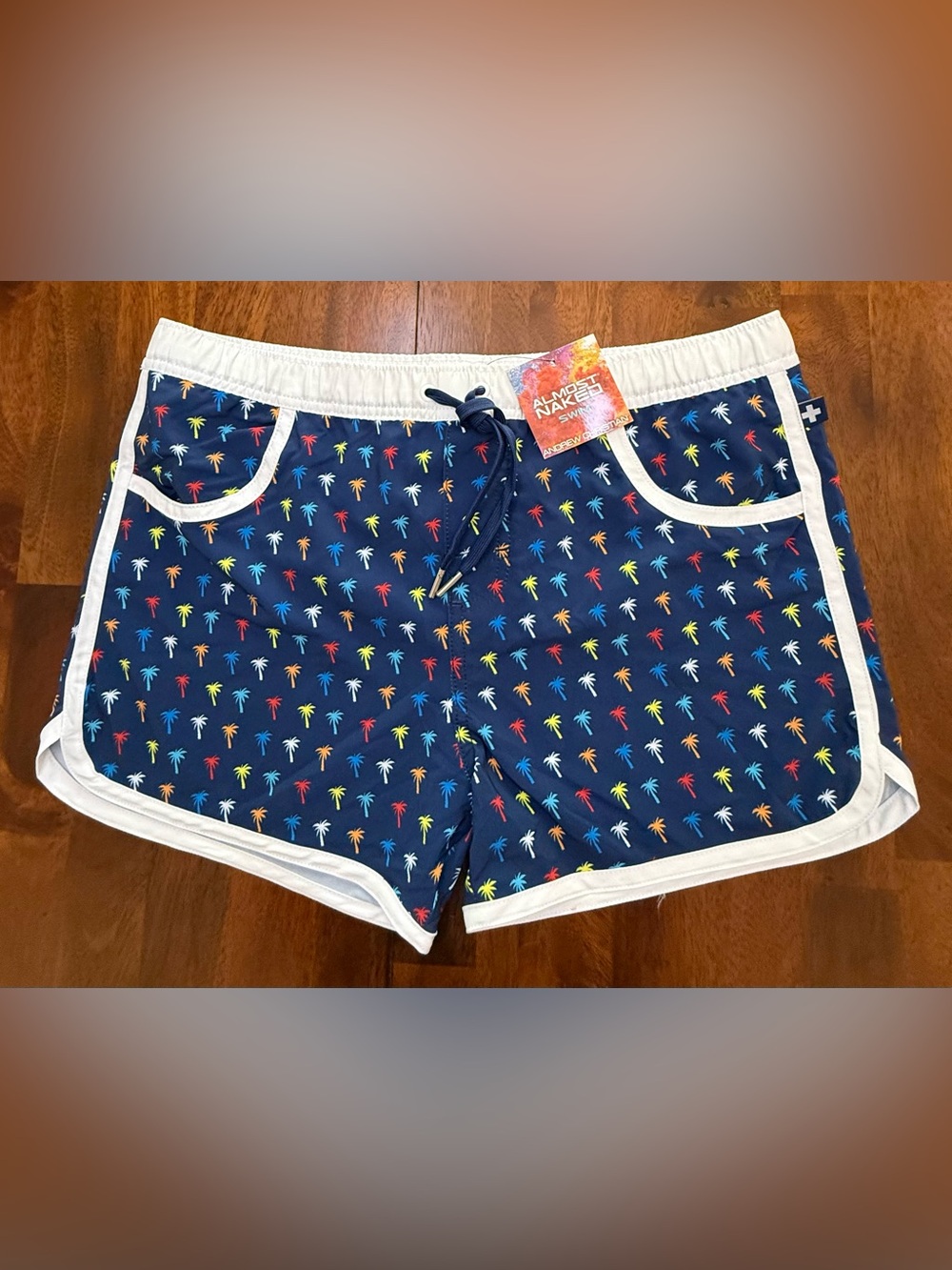 NWT Andrew Christian Men's Almost Naked Palm Tree Swim Trunks Navy Size L